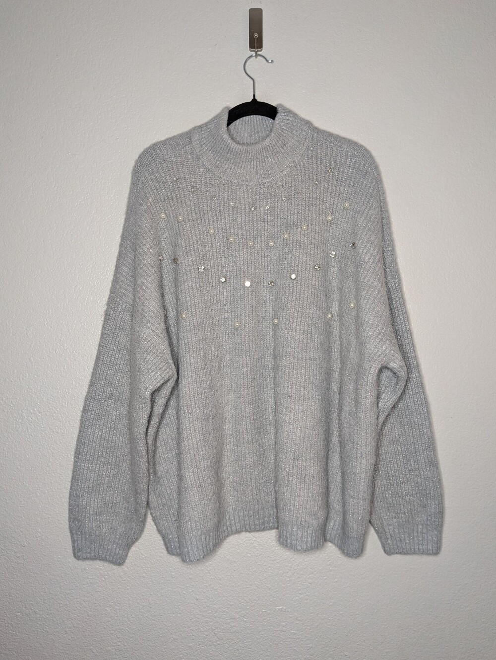 New Maurices Gray Festive Holiday Pearl Rhinestone Turtleneck Sweater 2X NWT